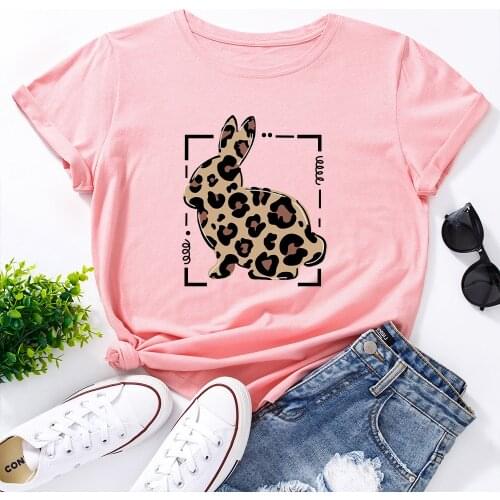 Leopard Funny Rabbit T Shirt Women Short Sleeve Tshirts Cotton Women O-neck Loose Tee Shirt Femme Casual Tops Camisetas Mujer