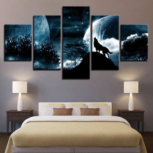 Living Room Modular Pictures HD Printed Canvas 5 Panel Full Moon Night Forest Wolf Framed Wall Art Painting Poster Home Decor