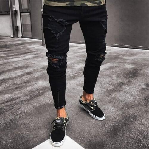 Mens Stretchy Ripped Hole Skinny Denim Pants Slim Casual Zipper Pants