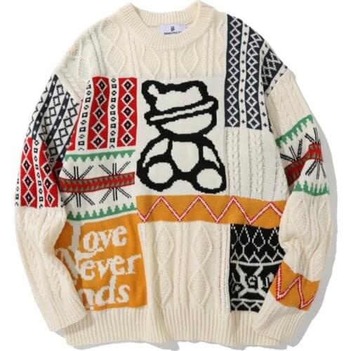 Hip Hop Mens Fashion Cartoon Bear Jacquard Sweaters Color Contrast Twisted Kintwear Hip Hop Pullover Sweater for Couples