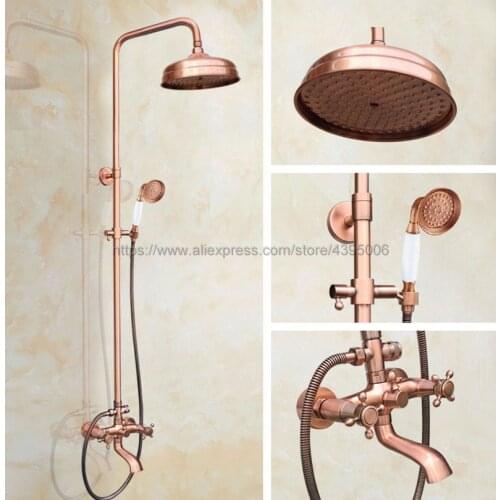 Red Copper Shower Bath Faucet Sets Wall Mounted EXposed 8" Rainfall Shower Mixers with Bathtub Mixer Tap / Handshower Brg514