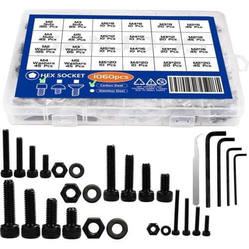 M2 M3 M4 M5 Carbon Steel Socket Head Cap Screws Nuts Set Assortment Kit with Storage Box, Four Hex Wrenches Included (1060 PCS)