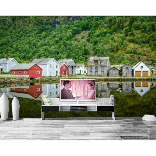 Norway Houses Lake Reflection city photo Building wallpaper mural,living room tv sofa wall bedroom restaurant papel de parede