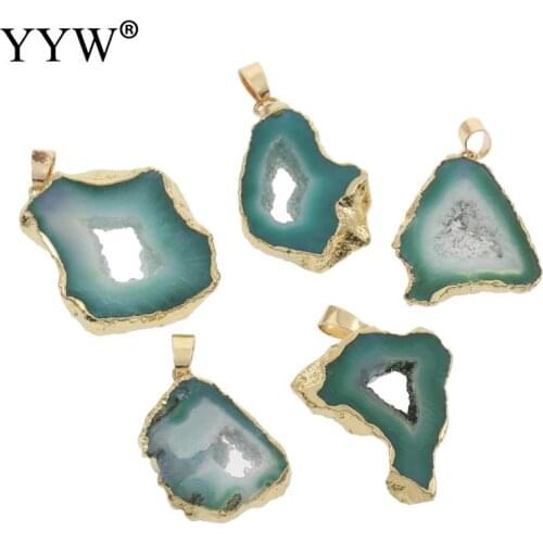 Natural Stone Jewelry Gold Plating Crystal Pendant Ice Quartz Agates Connector Green Agates Slices Charms Pendants