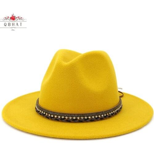 QBHAT Wool Trilby Hat Felt Jazz Fedora Hats Men Women Dress Wide Brim Panama Formal Hat Gambler Gangster Cap In Black Yellow