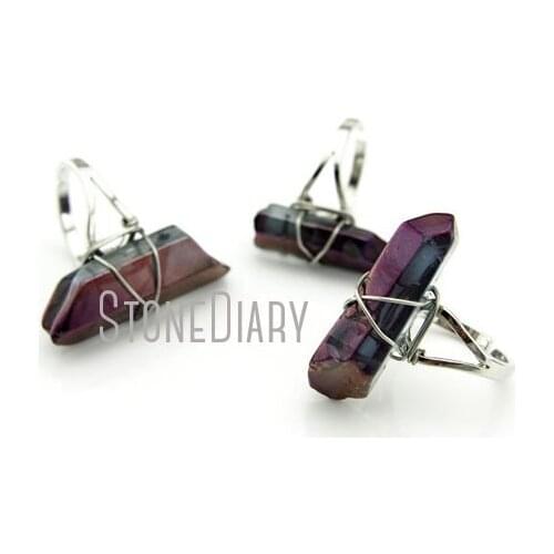 RM13002 10Pcs Stock Violet Clear Crystal Quartz Ring Wire Wrapped Silver Electroplated Polishing Faceted Pillar Ring Adjustable