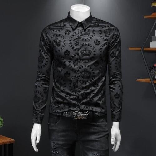 Luxury Black Crown Flocking Men Shirts Business Formal Dress Shirt Long Sleeve Casual Shirt Mens Shirt Camisa Social Masculina