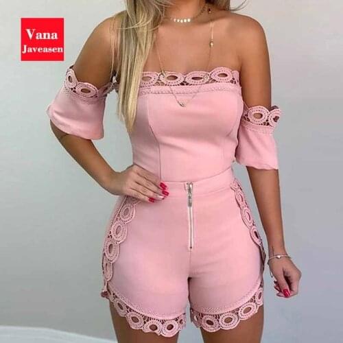 Sexy Womens Suit Lace Slash Neck Off The Shoulder Female Top And High Waist Zipper Pants Placket Design Shorts 2Pcs Set Women