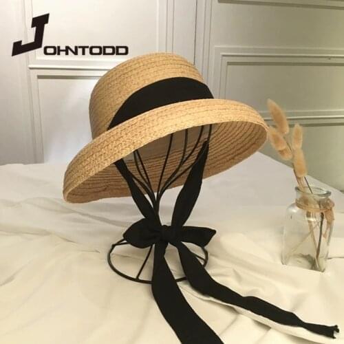 Brand Women' Summer Sun Hat Handmade Raffia Cap Visor Ribbon Hat Wide Side Travel Vacation Beach Hat Bonnets for Women Designer