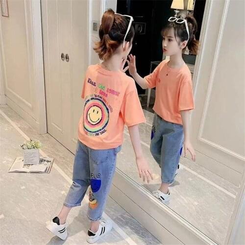 Girls Tracksuit Summer smile face print t shirt Denim Pants 2 Piece/set Children Outfits Clothing Kids Sport Clothes 10 12 Years