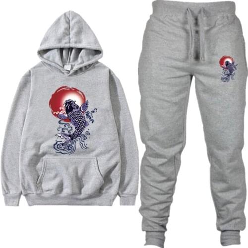 Hoodie Sweatshirt Men/Women New Fashion Print Koi Fish Hoodies+Sweatpants Suits 2019 Spring Autumn Winter Warm Hooded Pullover