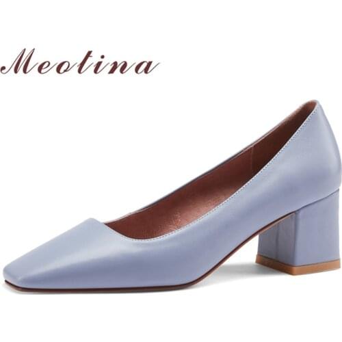 Meotina Natural Genuine Leather Women Shoes Block High Heels Dress Pumps Square Toe Shallow Slip On Footwear Blue Spring Size 40