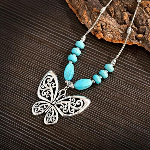 Vintage Ethnic Exquisite Gypsy Butterfly Necklace Pendant Charms Fashion Turquoise Girl Jewelry