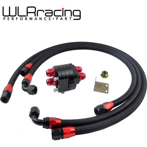 WLR RACING - BLACK ALUMINUM OIL FILTER/COOLER RELOCATION KIT + 3X BLACK BRAIDED HOSE LINE + ADAPTER