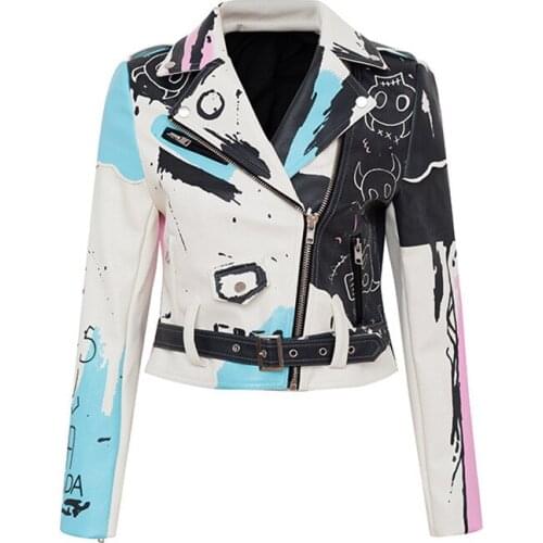 Spring Fashion Punk Rock Skull Faux Leather Jacket For Women Personality Graffiti Print Rivet Moter Jacket Y644