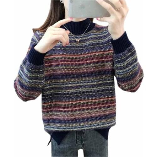 Plus Cashmere/No Cashmere Knit Sweater Women Stripe Long Sleeve Pullover Half Turtleneck Loose Thicken Bottoming Sweater KW312