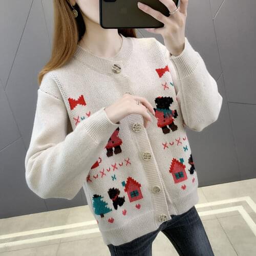 Cartoon Graffiti Sweater Cardigan Jacket Women 2021 Autumn New Loose Cute Jacquard Knitted Coat Fashion Single Breasted Top M233
