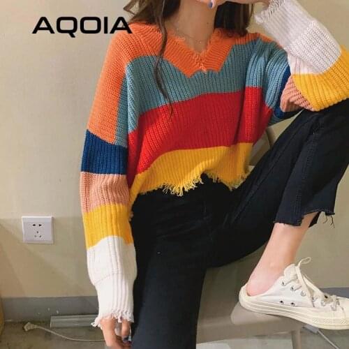 2020 Winter Bohemian Women Sweater Rainbow colors Striped V Neck Knit Short Pullovers Korea Tassel Long Sleeve Female Clothing