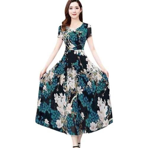 Fashion Casual Women Floral Print Short Sleeve Long Dress Summer Feminino V-Neck A-LINE Dresses Female Charming Sundress Vestido