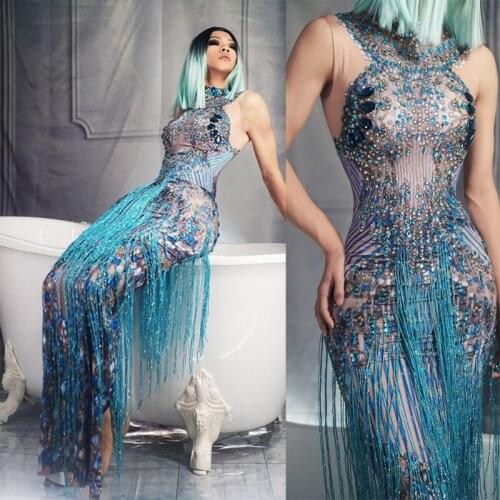 Women New Glisten Blue Rhinestones Tassels Sleeveless Long Dress Sexy Singer Performance Elastic Skinny Dress Bar Party Costume