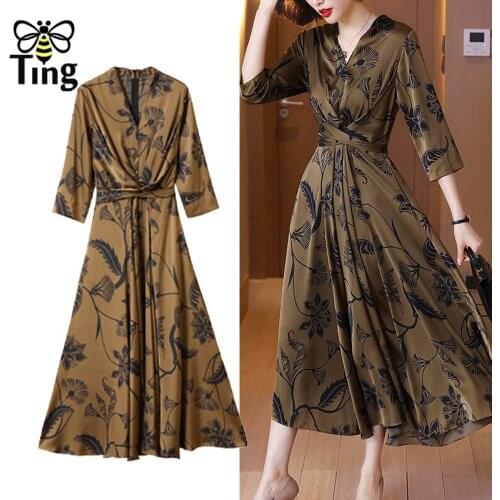 Tingfly Vintage Floral Print Elegant Lady Office Work Dress Spring Autumn New Sashes A Line Midi Long Dresses Vestido Zaful Traf