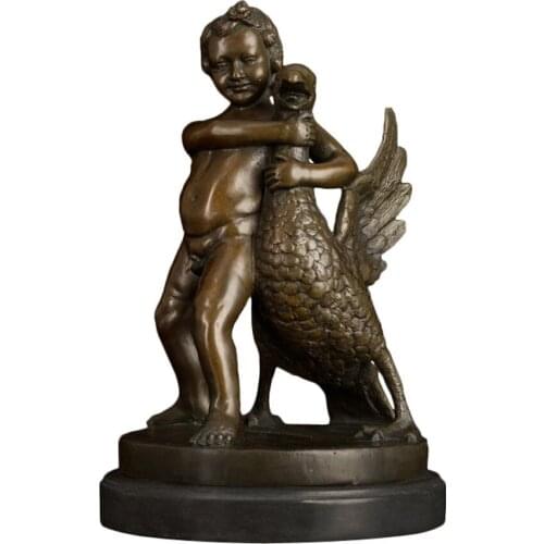 Famous Bronze Reproduction Boy with Goose Statue Ancient Greek Sculpture Figurine Art Office Table Decoration