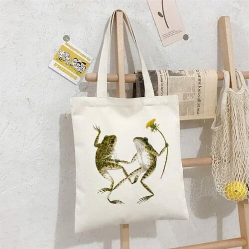 2021 Womens Canvas Shoulder Bag Student Flower Frog Female Handbag Korean Fashion Large Capacity Reusable Shopping Bag