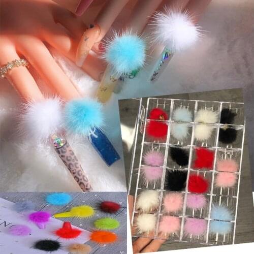 24pc(4pcs*6Color) Detachable Magnetic Puffy Nail Pom Poms Kit,(18pcs Pompom+150pcs Rhinestones) Nail Decoration Charms 2.7*2.7cm