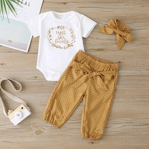 3Pcs Fashion Summer Baby Girl Clothes Kids Newborn Romper Infant Clothing Suit Letter Short Sleeve Pants Headband Outfits Sets