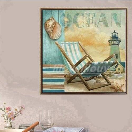 5D DIY diamond painting OCEAN Beach Chair 3d Diamond Embroidery Full Drill Needlework Mosaic landscape Pattern Home Decor FG1928