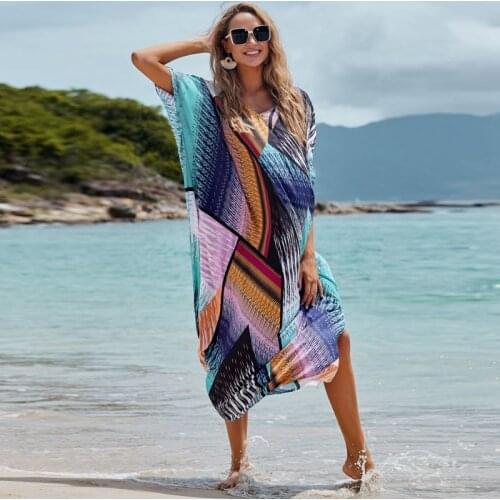 Boho Color Blocking Print Maxi Dress Bohemian Kaftan Light Weight Graceful Beach Swimsuits Cover Ups Womens Loose Fit Overdress