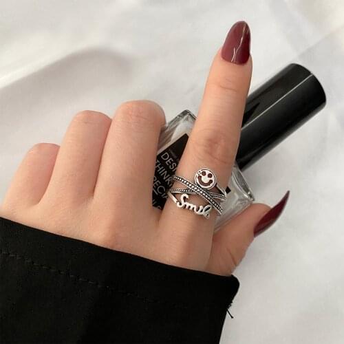 FAMSHIN Vintage Silver Color Happy Smiling Face Open Rings For Women Punk Hip Hop Adjustable Ring Fashion Jewelry Best Gifts