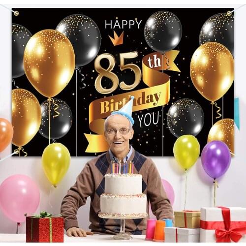 Happy 85th Birthday Backdrop Banner - 85 Birthday Party Decorations Supplies for Men - Black Gold