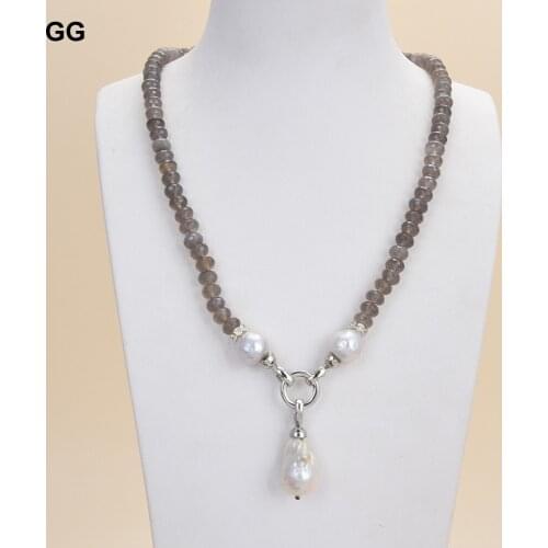 GuaiGuai Jewelry 23" White Keshi Pearl Gray Agates Necklace Baroque Pearl Pendant