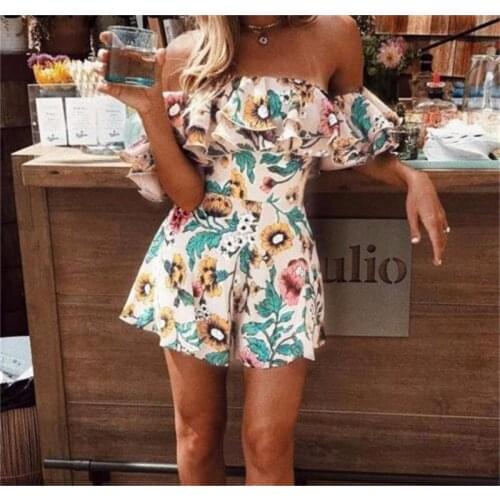 Fashion Women Ladies Off Shoulder Playsuit Holiday Beach Short Sleeve Summer Loose Flower Print Short Romper