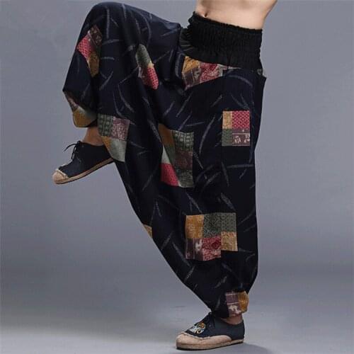 Mens Cotton Linen Chinese Style Floral Cross-pants Long Trousers Loose N8