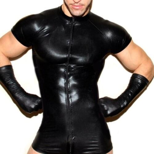 Mens Fancy Costumes Clubwear Wetlook Front Zipper Catsuit Bodysuit Teddies Bodystocking Latex For Male Erotic Sexy Lingerie