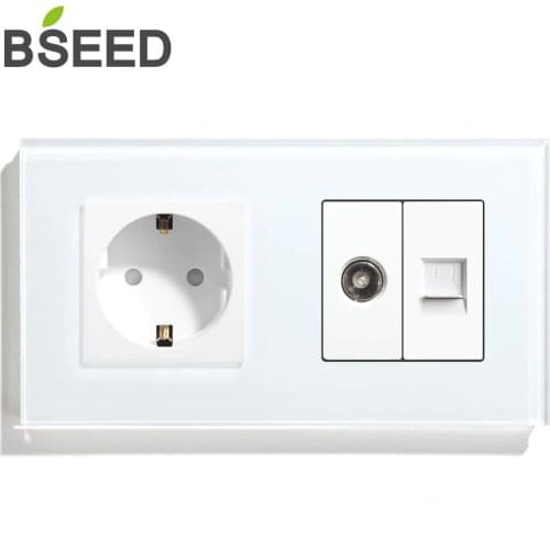 BSEED Wall Socket TV PC With EU Standard Socket Crystal Glass Panel White EU Standard