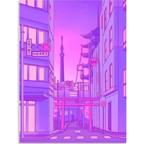 HD Printed Build Alley and Cat Poster Wall Art Tokyo Tower Canvas Painting Home Decor Bedroom Modular Night View Pictures Frame