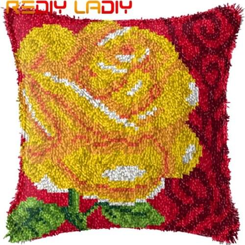 Latch Hook Cushion Gold Rose Flower Pillow Case Printed Color Canvas Acrylic Yarn Latched Hook Pillow Crochet Cushion Cover Kits