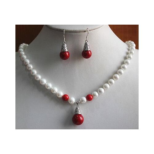 Nobility Lucky womens natural Charming 8mm White/Red/Orange Shell Pearl Necklace Earring Pendant Jewelry Set