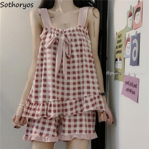 Women Plaid Pajama Sets Sleeveless Bow Tops Ruffles Shorts Sweet Girls Leisure Cozy Teenagers Nightwear Lovely Female Lounge Hot