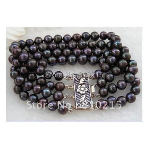 Stunning 4 Rows AAA 7-8MM Round Shaper Black Color Genuine Freshwater Pearls Bracelet Fashion Pearl Jewelry New Free Shipping
