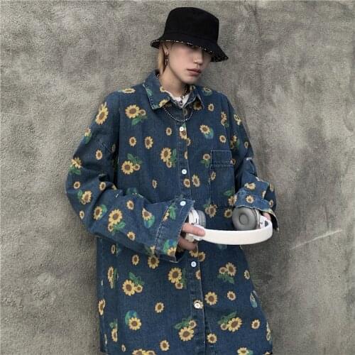 Hip Hop Daisy Print Washed Distressed Denim Long Sleeve Shirt