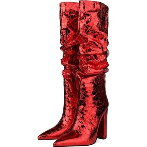 Bling Bling Red Silver Gold Pleated Leather Chunky Heel Knee Boots High Heels Pointed Toe Lady Shiny Crackle Leather Long Boots