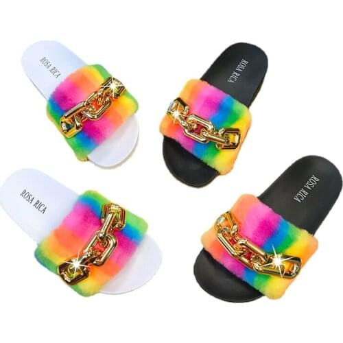 Girls Rainbow Mental Chain Faux Fur Slippers Fullfy Furry Fur Slides Ladies Shoes Flat Non-Slip Mixed Color Women Flip Flops