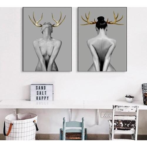 Nordic Antlers Girls Figuars Wall Art Canvas Painting Prints Posters Black White Nude Art Pictures for Living Room Morden Decor