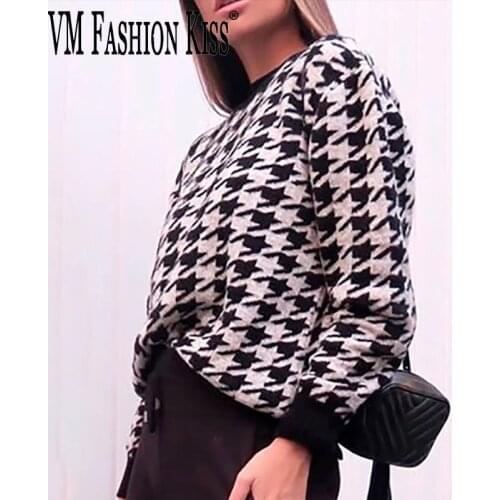 VM FASHION KISS Women Houndstooth khaki Knitted Sweater Casual Geometric Lady Pullover Sweater Female Autumn Winter Retro jumper