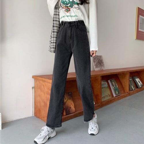 Loose Straight Jeans Women Autumn 2021 New High Waist Student Trousers Womans Thin Wide Leg Denim Pants Female Black Gray