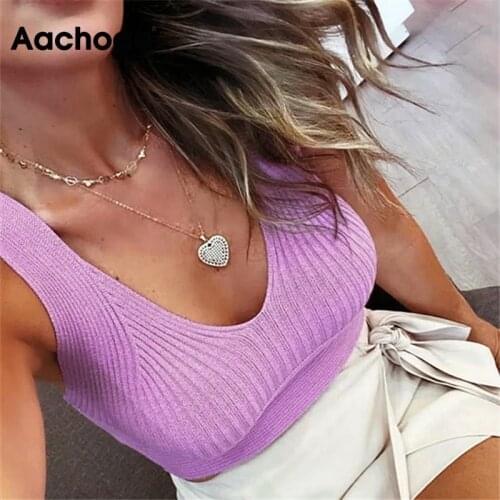 Aachoae Sexy Club Wear Tank Top Women V Neck Knitted Basic Crop Top 2021 Sleeveless Backless Ladies Solid Color Bodycon Tops